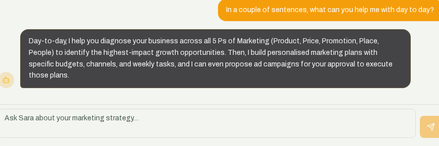 Sara AI marketing advisor chat answering a question about day-to-day help